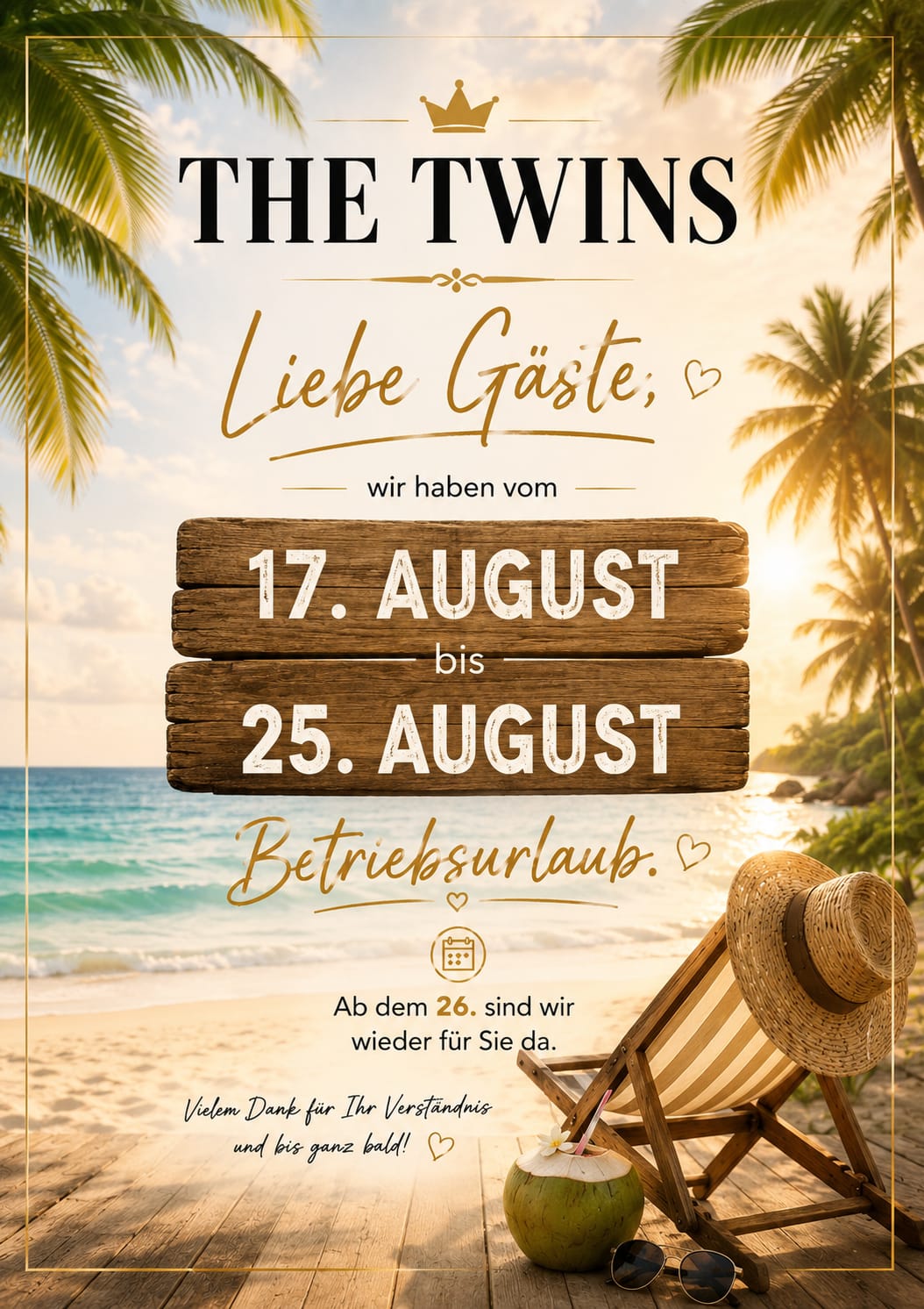 Betriebsurlaub-Hinweis von The Twins vom 17. August bis 25. August